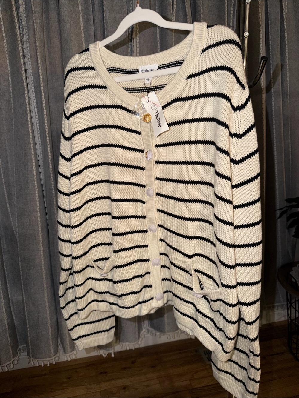 Striped Cream & Black Button-Up Cardigan Sweater